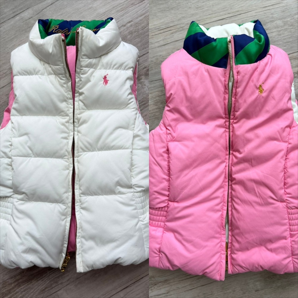 Ralph Lauren Reversible Down Puffer Vest White Pink Insulated Girls 4